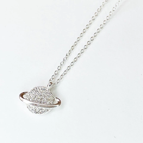 CADENA Y DIJE PLANETA SATURNO en plata y cubics italiano 9960