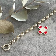 PULSERA ACERO BLANCO CON CRUZ EQUILIBRIO ESMALTE ROJO K1167