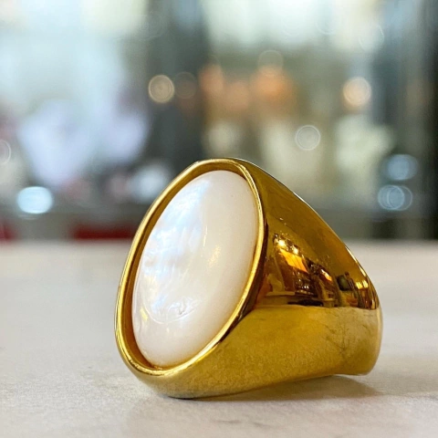 ANILLO CABUJON SELLO ENCHAPADO EN ORO ACERO ITALIANO CON NACAR OVAL 3431