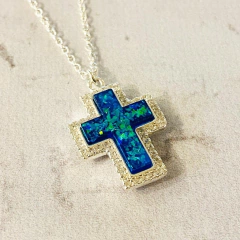 CONJUNTO CADENA Y CRUZ OPALO Y PLATA k2396 en internet