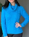 Blusa Tricot Grosso trançado Gola Boba Azul