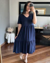 Vestido Midi 2 Marias Gola V Azul Marinho