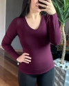 Blusa Segunda Pele Feminina Gola V Malha Manga Longa Vinho