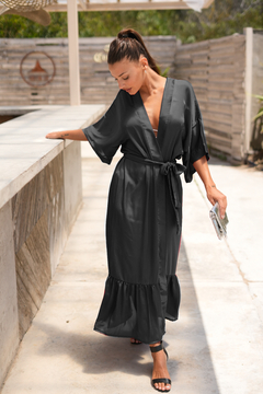 Vestido estilo Kimono KIMONODRESS Vestido Cruzado de Seda Sedita para Fiesta Liso Color Negro - comprar online