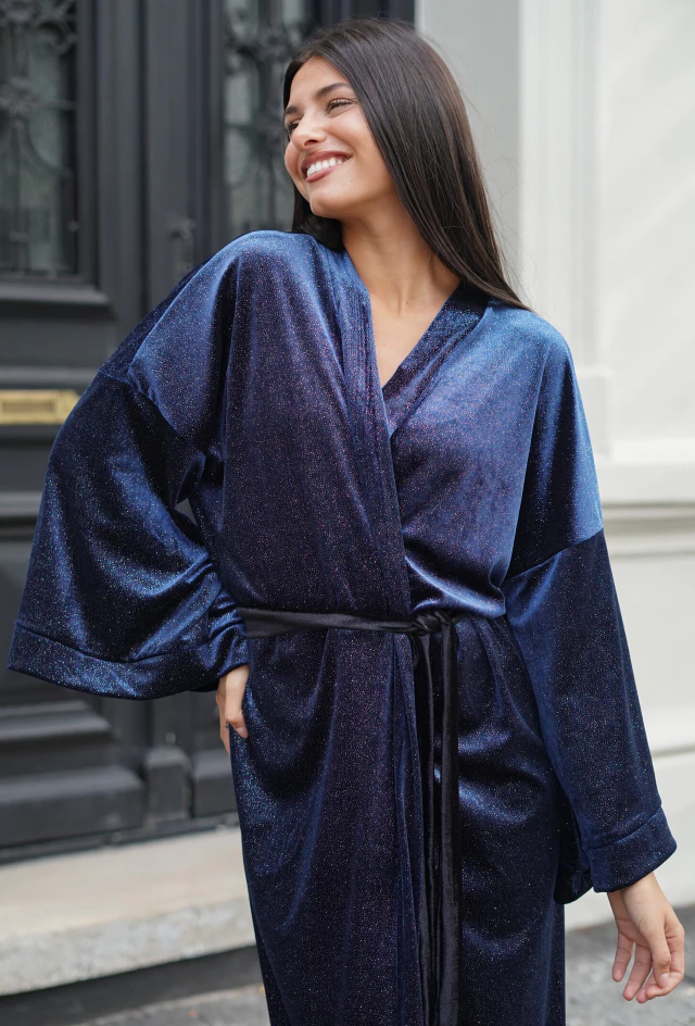 Kimono de Terciopelo con glitter De Fiesta Largo Mujer Moda Fiesta Noche Azul Marino — imagen 4
