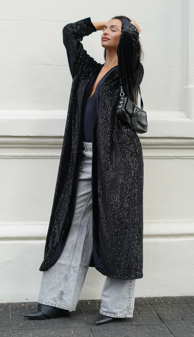 Kimono De Fiesta Largo Tela de Terciopelo con Lentejuelas Bordadas, Ideal para Fiesta Noche Negro