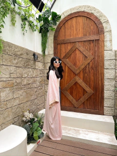 Kimono Largo Increíble con Mangas Japonesas de Tela Algodon Opaca Cuadrille Rosa y Blanca combinado - tienda online
