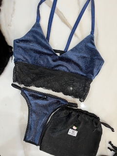 Conjunto Top de Terciopelo con glitter forrado con algodon con bombachita Ideal para usar debajo de kimono Azul Marino - comprar online
