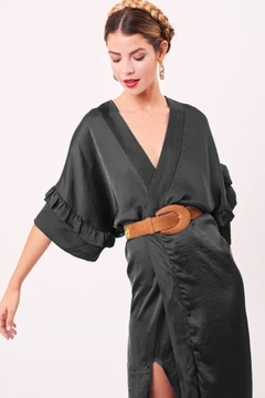 Vestido Cruzado KIMONODRESS De Fiesta Largo Seda Mujer Moda Fiesta Noche Negro - OhMagnoliaKimonos