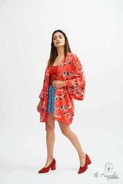 Kimono Corto con Mangas Japonesas de Seda Estampado Rojo Verano 2025 - comprar online
