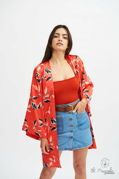 Kimono Corto con Mangas Japonesas de Seda Estampado Rojo Verano 2025 - OhMagnoliaKimonos