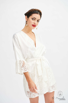 Bata Kimono De Seda Con Encaje BLANCO Novia Boda Casamiento - OhMagnoliaKimonos