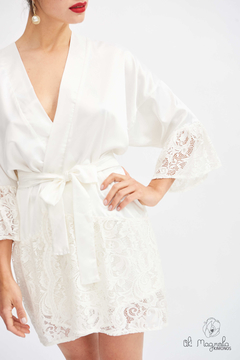 Bata Kimono De Seda Con Encaje BLANCO Novia Boda Casamiento