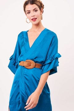 Vestido Cruzado KIMONODRESS De Fiesta Largo Seda Mujer Moda Fiesta Noche Verde Petroleo