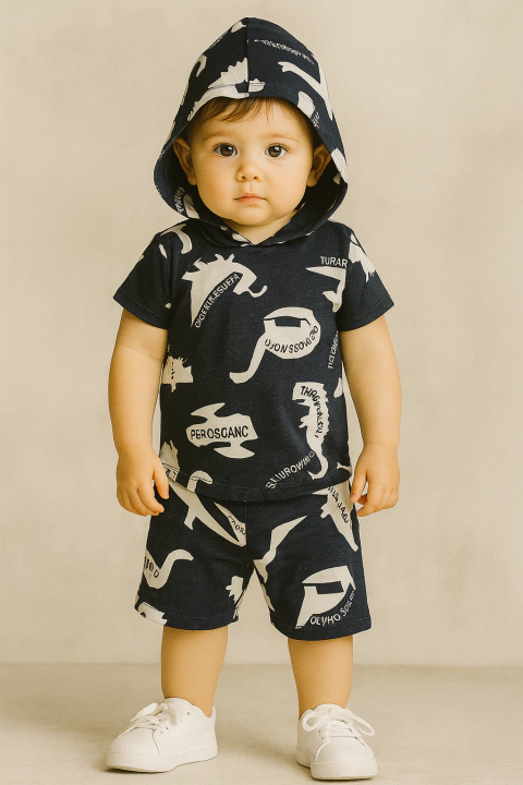 Conjunto Shorts e Camiseta com capuz - Dino Azul Escuro - comprar online