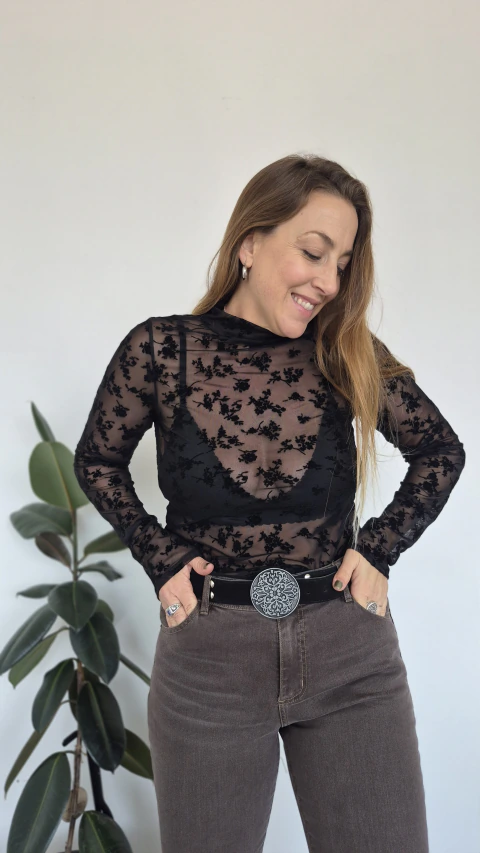 Reme Flock Flower Media Polera Negro