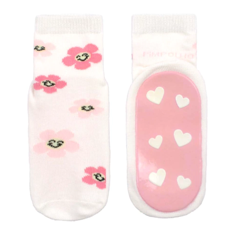 Meia Tam.26 a 30 Solado Antiderrapante Branca Flores Pimpolho