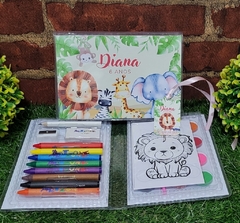 Kit com 8 maletas de pintura lembrancinha safari menina com 31 Itens completo - Festinha Legal