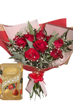 Ramo de elegantes rosas redondo + Bombones Lindt - comprar online