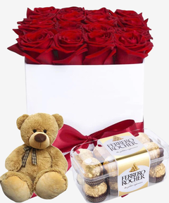 flower box caja de rosas rojas con osito de peluche y bombones