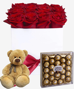 flower box caja de rosas rojas con osito de peluche y bombones