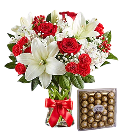 Radiantes liliums blancos con rosas rojas (CON FLORERO DE REGALO) + BOMBONES - comprar online