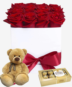 flower box caja de rosas rojas con osito de peluche y bombones