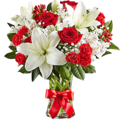 Radiantes liliums blancos con rosas rojas (CON FLORERO DE REGALO)