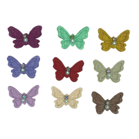 Aplique borboleta de linho com strass e pérola (5 unid.) - Sortido