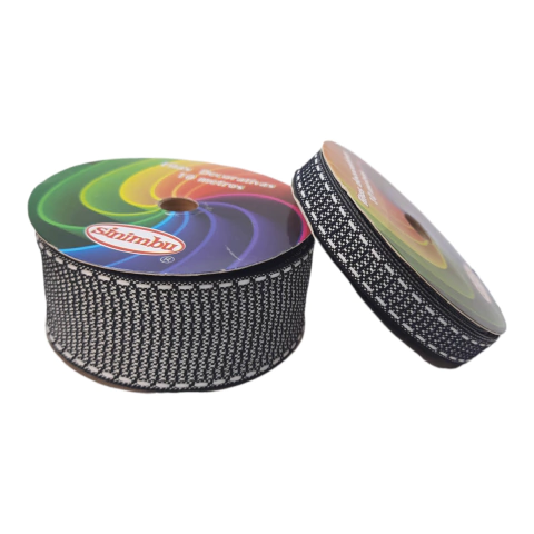 Fita pespontada textura sinimbu - preto pesp branco (rolo 10 mts)