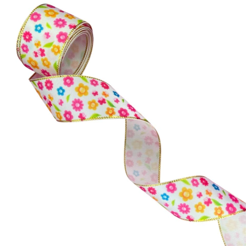 Fita gorgurão primavera borda dourada - Flor (3 mts)