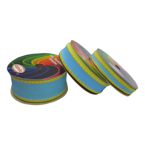 Fita pespontada sinimbu - azul frozen com amarelo (rolo 10 mts)
