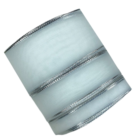 Kit fita organza Sinimbu (6 mts) - Branco bordinha prata