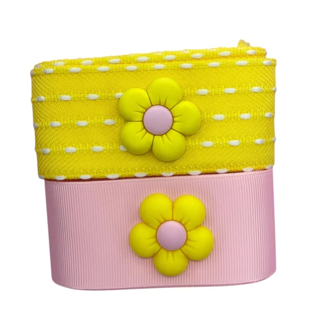 Kit 2 mts de fita + 2 apliques flor amarela miolo rosa