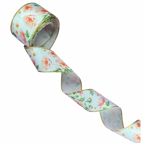 Fita gorgurão primavera borda dourada - Rosa (3 mts)