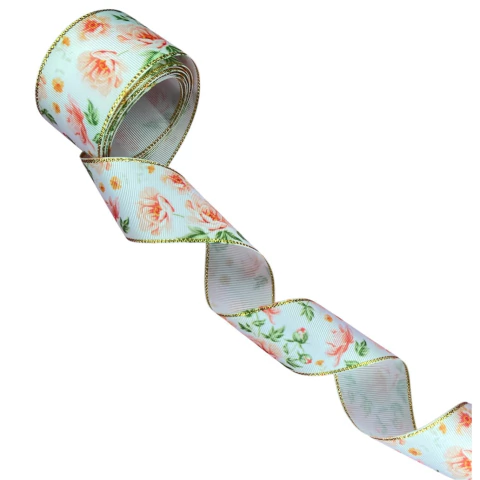 Fita gorgurão primavera borda dourada - Rosa (3 mts)