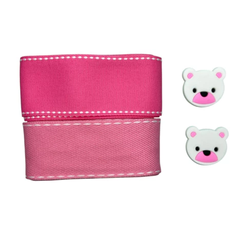 Kit 2 mts de fita + 2 apliques ursinho branco/rosa