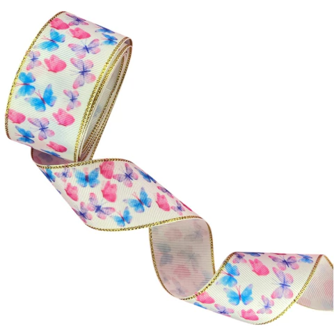 Fita gorgurão primavera borda dourada - Borboleta (3 mts)