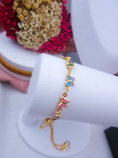 Pulseira Folheada Dourada Borboletas Coloridas Regulável #PF0401896