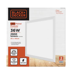Painel de LED embutido quadrado Black+Decker de 36W e 6500K, com uma aparência moderna e embalagem informativa.