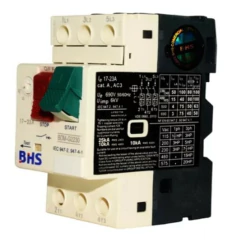 Disjuntor Motor BHS BDM-NG2100 com as especificações técnicas visíveis, incluindo botões de controle e informações sobre corrente e tensão.
