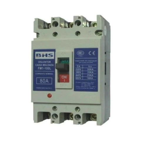Disjuntor caixa moldada tripolar BHS FM1-100L, modelo 80A, com interruptor e especificações de capacidade de interrupção.