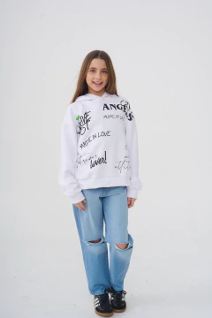 BUZO RUSTICO ESTAMPADO CON CAPUCHA BLANCO - comprar online