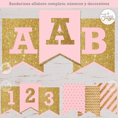 Kit Imprimible Banderines Dorado Y Rosa Alfabeto Y Números