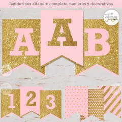 Kit Imprimible Banderines Dorado Y Rosa Alfabeto Y Números
