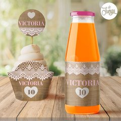 Kit Rústico Arpillera Personalizado Cumple, Bautismo, comunión. Para imprimir.