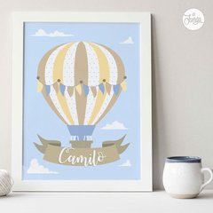 Kit Imprimible Globo Aerostático Celeste y Beige. Deco y Candy Bar Personalizado - tienda online