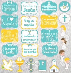 Photo Booth Comunión Imprimible Frases Props Y objetos. Carteles Celeste y Amarillo - comprar online