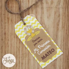 Kit Primera Comunión Niño papel madera, celeste y amarillo para imprimir - De Juerga Eventos