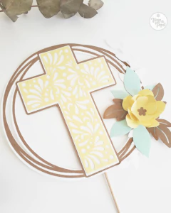 Topper Torta Bautismo, Comunión Cruz con flor - comprar online